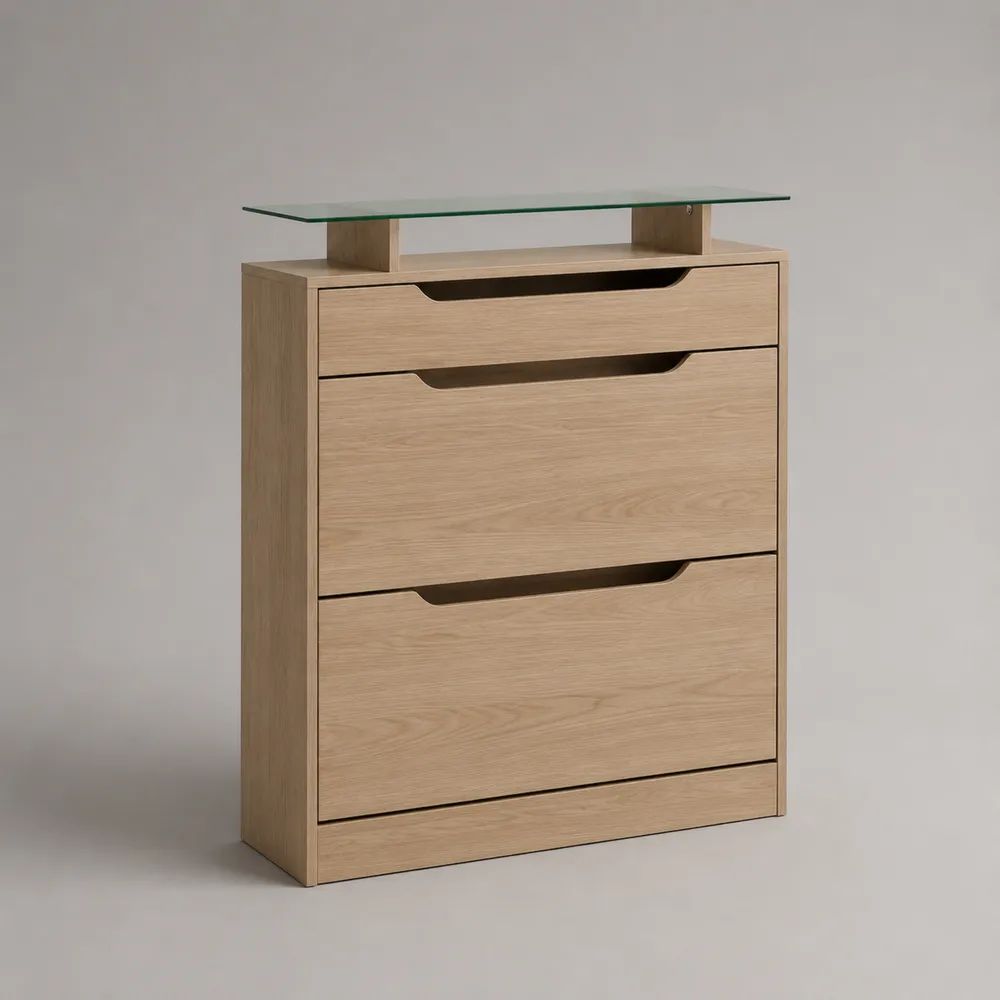 Schuhschrank aus Spanplatte mit 2 Kippfächern, Schublade und Glasablage, Eichefarben/Transparent, 80 x 24 x 103 cm