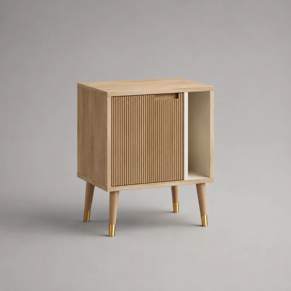 Nachttisch mit 1 Tür und offenem Fach, MDF mit Eichenfurnier, Naturfarben/Goldfarben, 50 × 40 × 65 cm