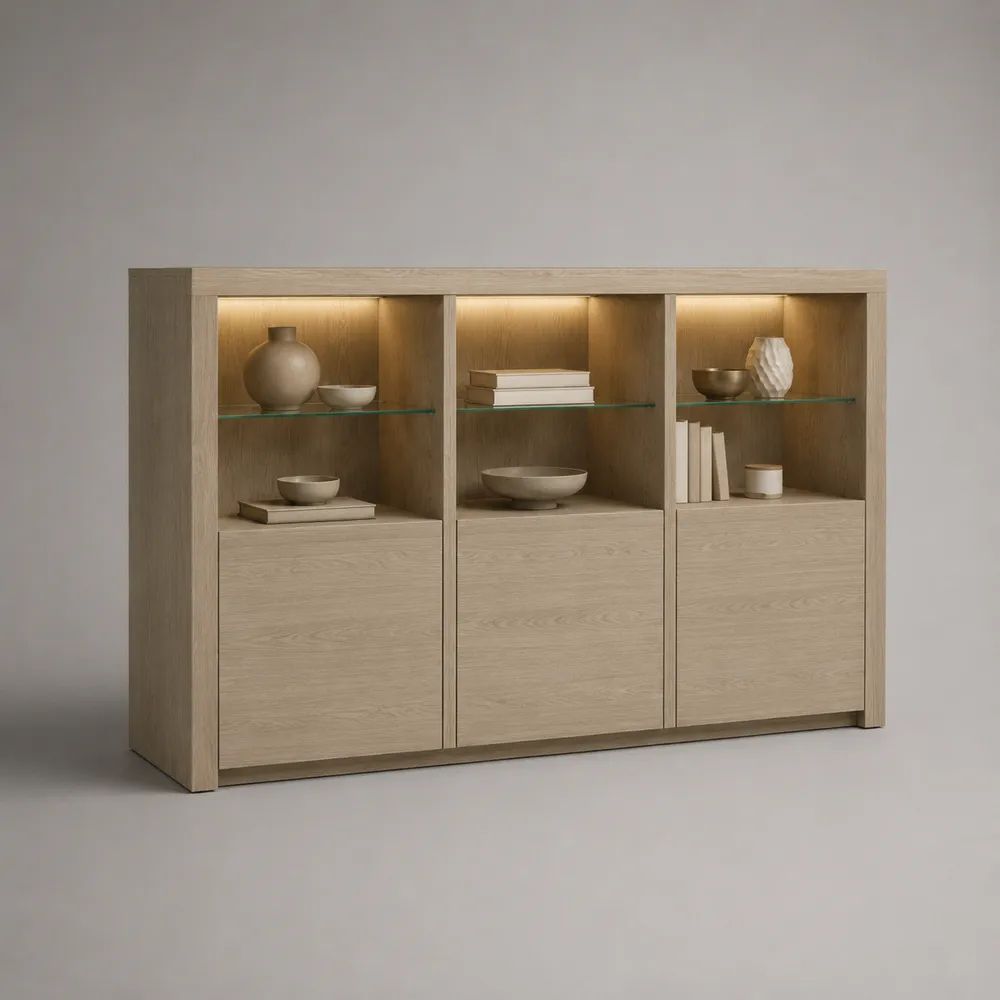 Sideboard mit LED-Beleuchtung, 3 Vitrinenfächern und 3 Türen, MDF, Eichenfurnier und Sicherheitsglas, Eiche Natur, 160 × 40 × 120 cm