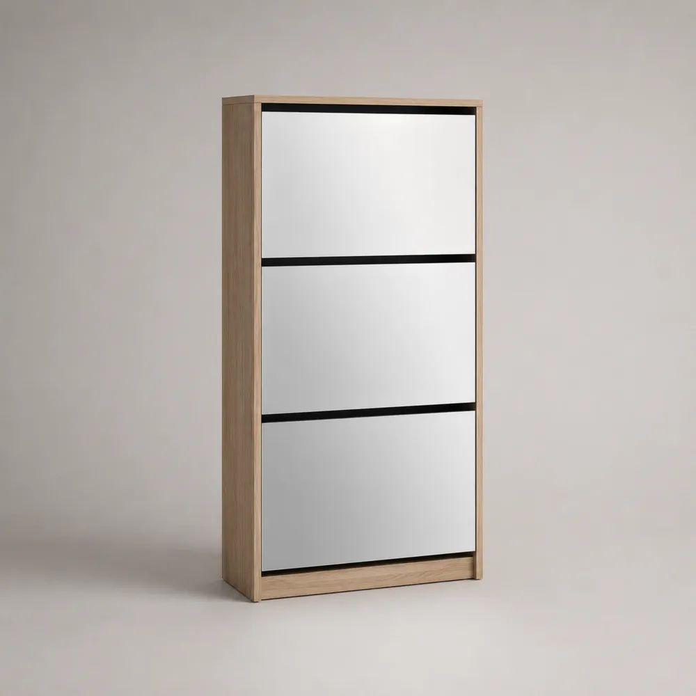 Schuhschrank mit 3 Klappen aus Spanplatte und Spiegelglas, Eichefarben/Silber/Schwarz, 63 × 24 × 150 cm