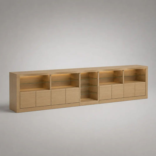 Sideboard mit LED-Beleuchtung, 8 Türen und Glasböden aus MDF und Spanplatte, Eiche Natur, 300 × 40 × 90 cm