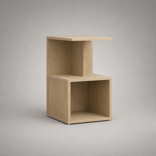 Asymmetrischer Nachttisch aus Sperrholz mit 2 offenen Fächern, Hellbraun, 40 × 35 × 65 cm