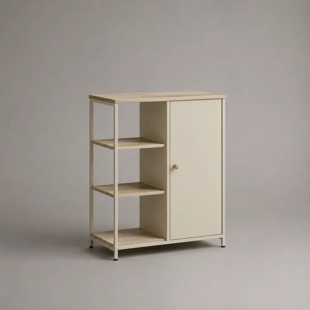 Sideboard mit 1 Tür und 3 offenen Fächern aus Spanplatte und Stahl, Beige/Hellbraun, 80 × 35 × 100 cm