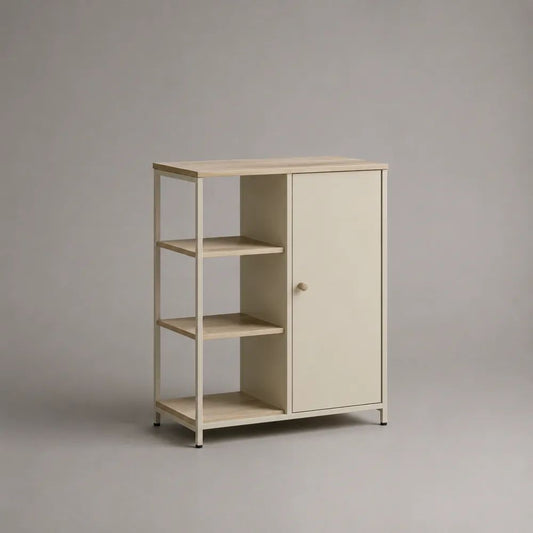 Sideboard mit 1 Tür und 3 offenen Fächern aus Spanplatte und Stahl, Beige/Hellbraun, 80 × 35 × 100 cm