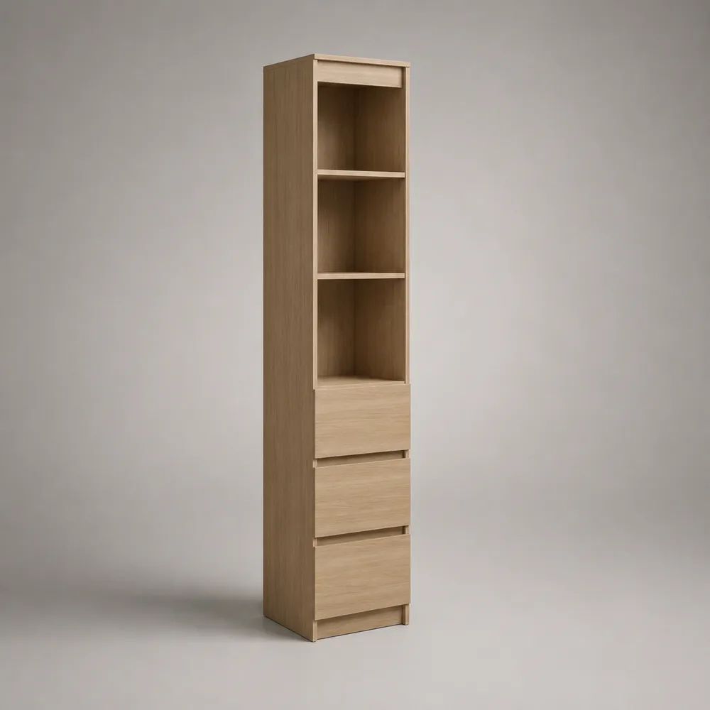 Schmales Highboard aus Spanplatte mit 3 Schubladen und 3 offenen Fächern, Eiche hell, 40 × 40 × 190 cm