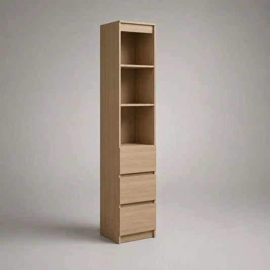 Schmales Highboard aus Spanplatte mit 3 Schubladen und 3 offenen Fächern, Eiche hell, 40 × 40 × 190 cm