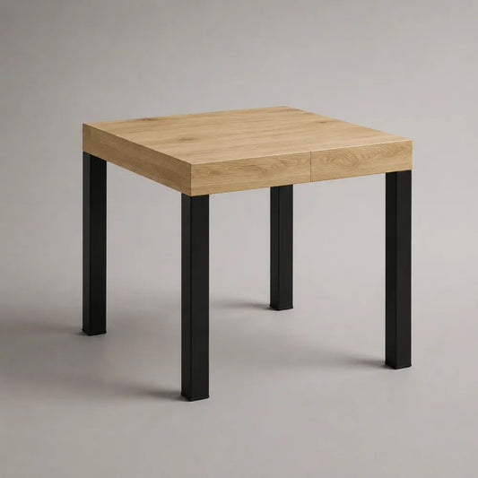 Quadratischer Esstisch aus MDF mit Eichenfurnier und Stahlgestell, Natur/Schwarz, 80 × 80 × 75 cm