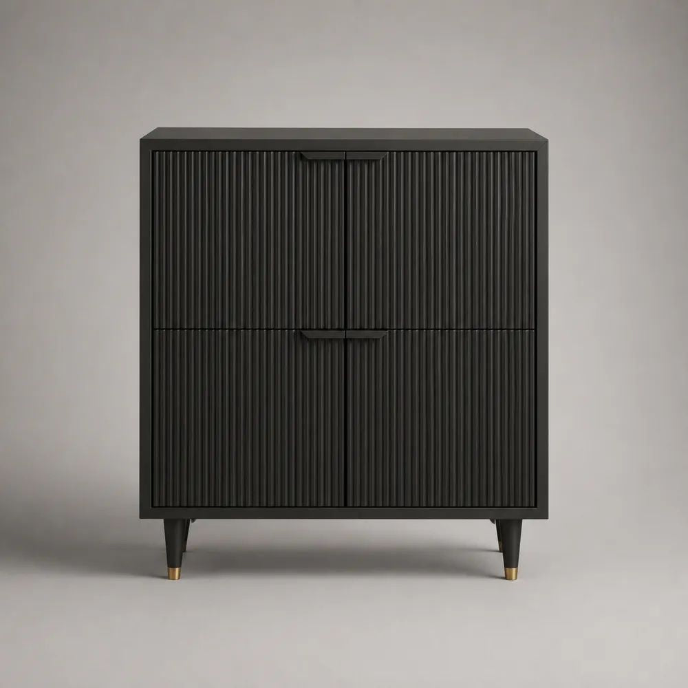 Sideboard aus MDF mit 4 Türen und Lamellenfront, Schwarz/Goldfarben, 100 × 40 × 110 cm