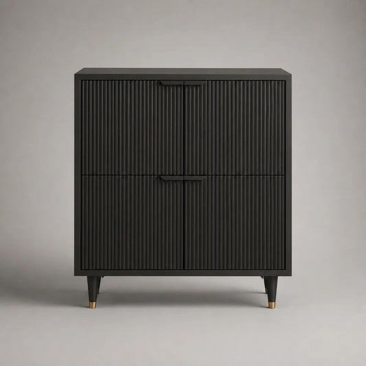 Sideboard aus MDF mit 4 Türen und Lamellenfront, Schwarz/Goldfarben, 100 × 40 × 110 cm
