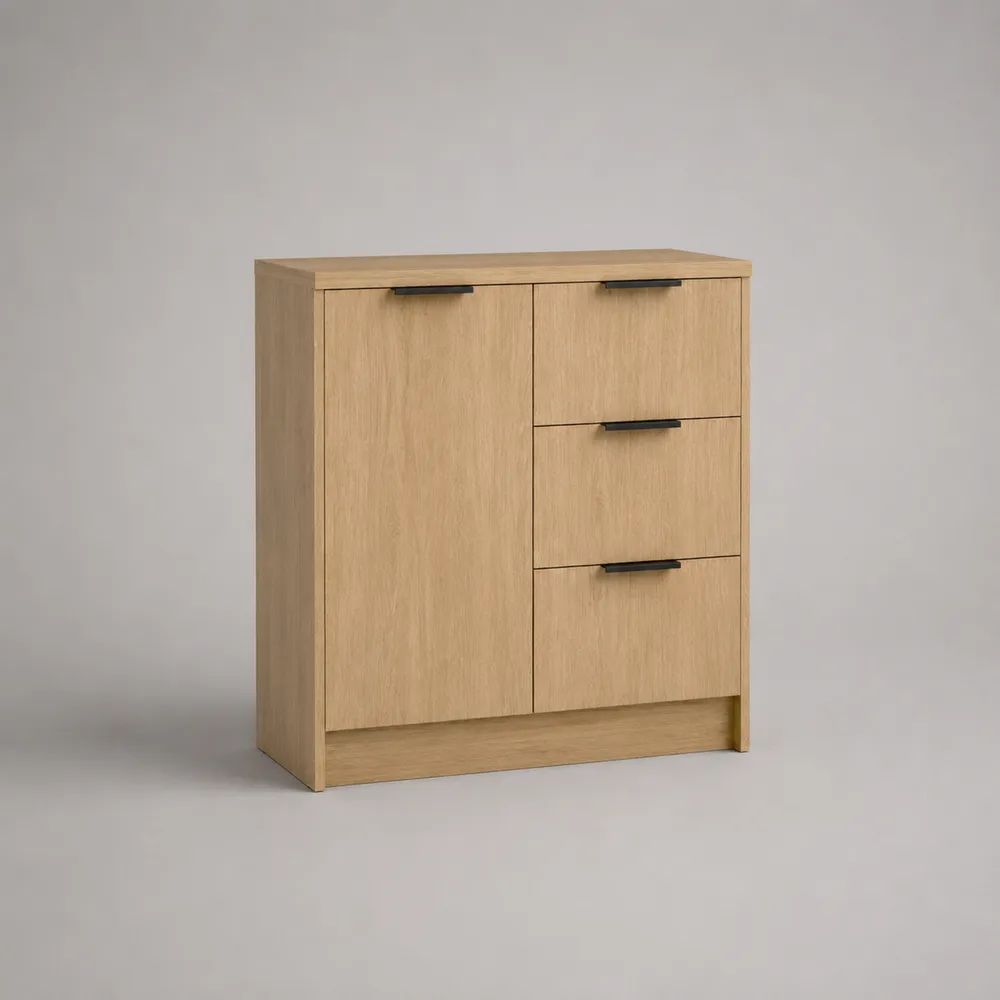 Sideboard-Kommode aus melaminharzbeschichteter Spanplatte mit 1 Tür und 3 Schubladen, Eichefarben/Schwarz, 80 × 35 × 100 cm