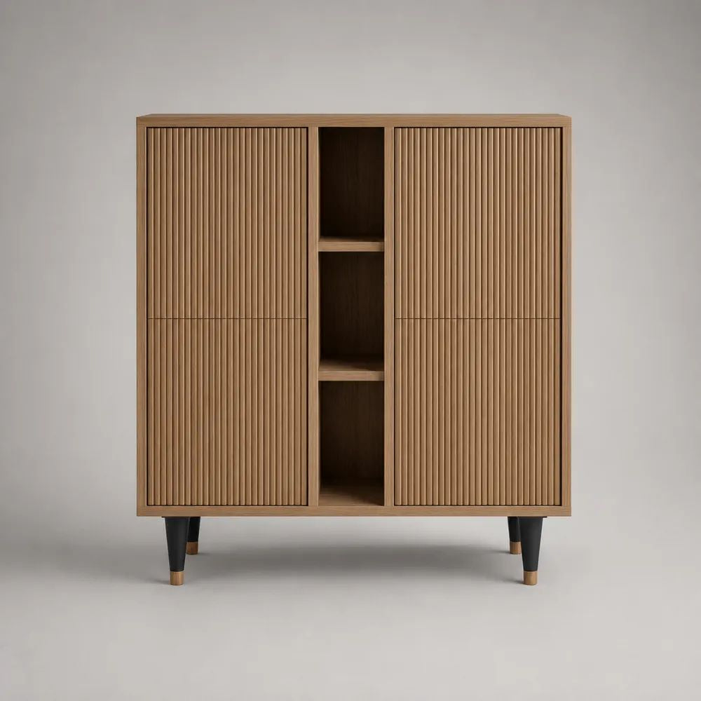 Highboard mit 4 Türen und 3 offenen Fächern aus MDF mit Eichenfurnier, Lamellenfront, Naturbraun/Schwarz, 120 × 40 × 140 cm