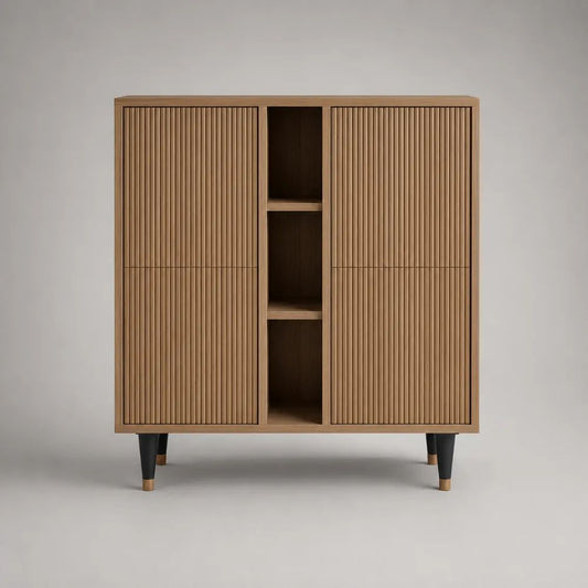 Highboard mit 4 Türen und 3 offenen Fächern aus MDF mit Eichenfurnier, Lamellenfront, Naturbraun/Schwarz, 120 × 40 × 140 cm