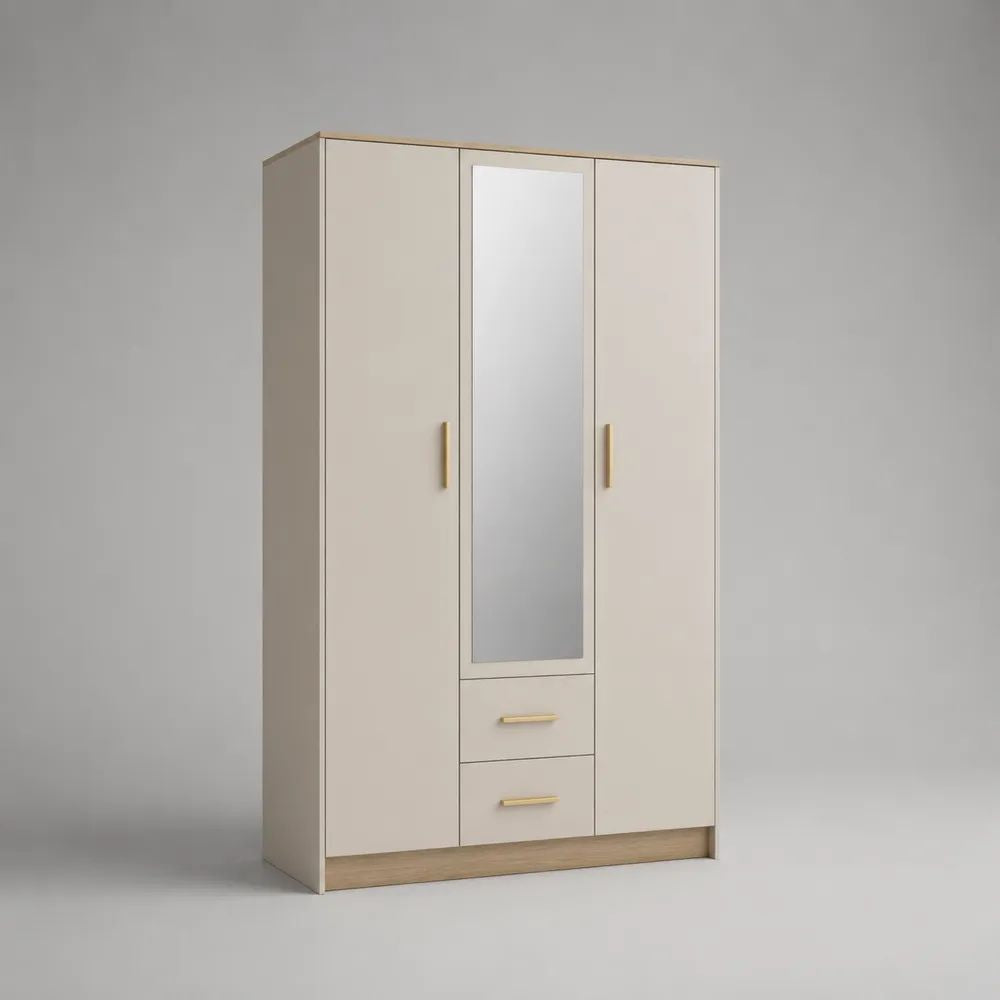 Kleiderschrank 3-türig mit Spiegel und 2 Schubladen aus Spanplatte, Beige/Eichefarben, 120 × 52 × 190 cm