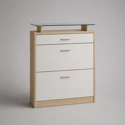 Schuhschrank aus Spanplatte, MDF und Glas mit 2 Klappen und 1 Schublade, Weiß/Eichefarben, 80 × 24 × 100 cm