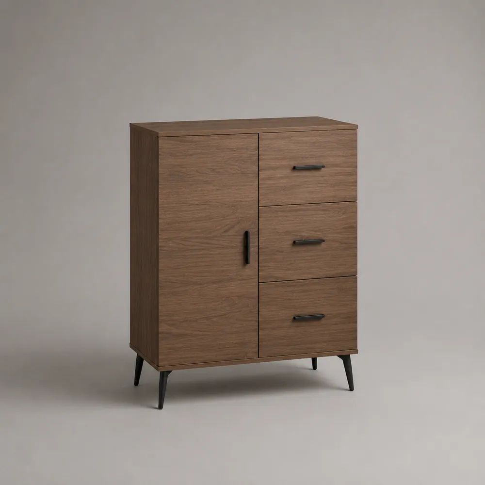 Sideboard aus melaminbeschichteter Spanplatte mit 1 Tür und 3 Schubladen, Braun/Schwarz, 80 x 40 x 105 cm