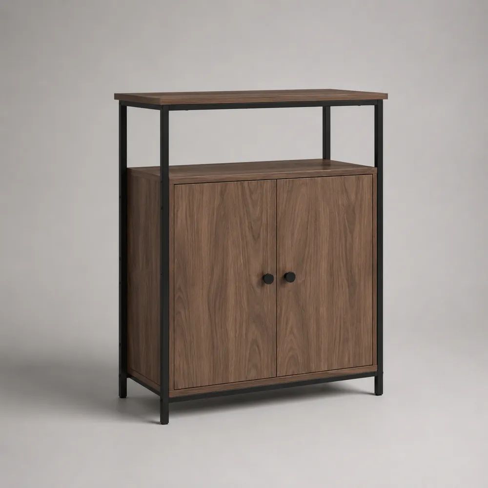 Sideboard mit 2 Türen und offenem Ablagefach, Holzdekor und schwarzes Stahlgestell, Walnussbraun/Schwarz, 80 × 35 × 100 cm