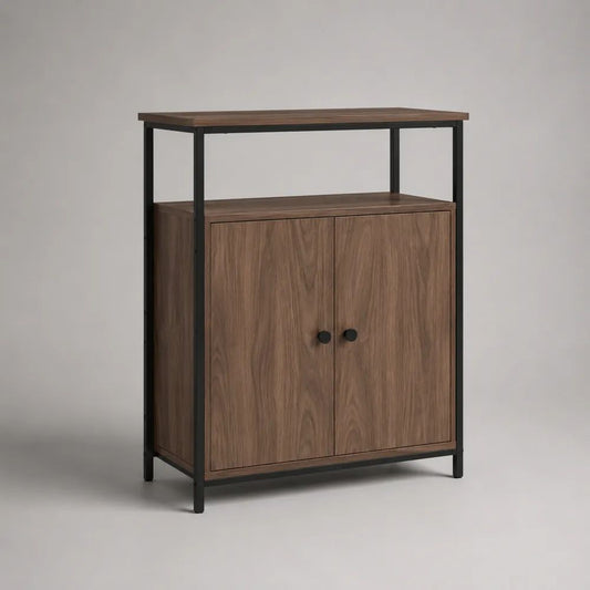 Sideboard mit 2 Türen und offenem Ablagefach, Holzdekor und schwarzes Stahlgestell, Walnussbraun/Schwarz, 80 × 35 × 100 cm