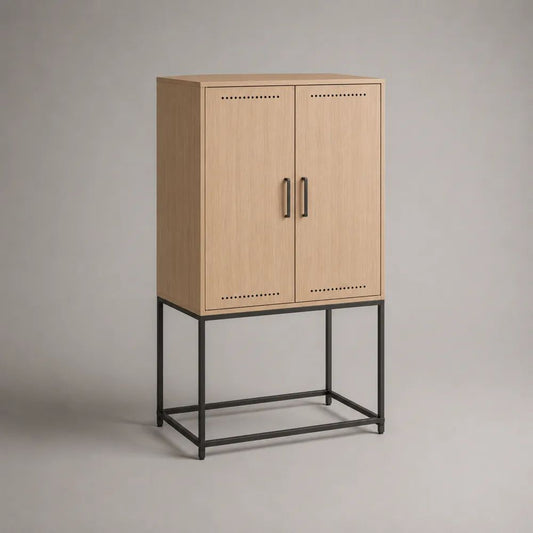 Highboard mit 2 Türen aus melaminbeschichteter Spanplatte und Stahlgestell, Natur-Eiche/Schwarz, 80 × 40 × 150 cm