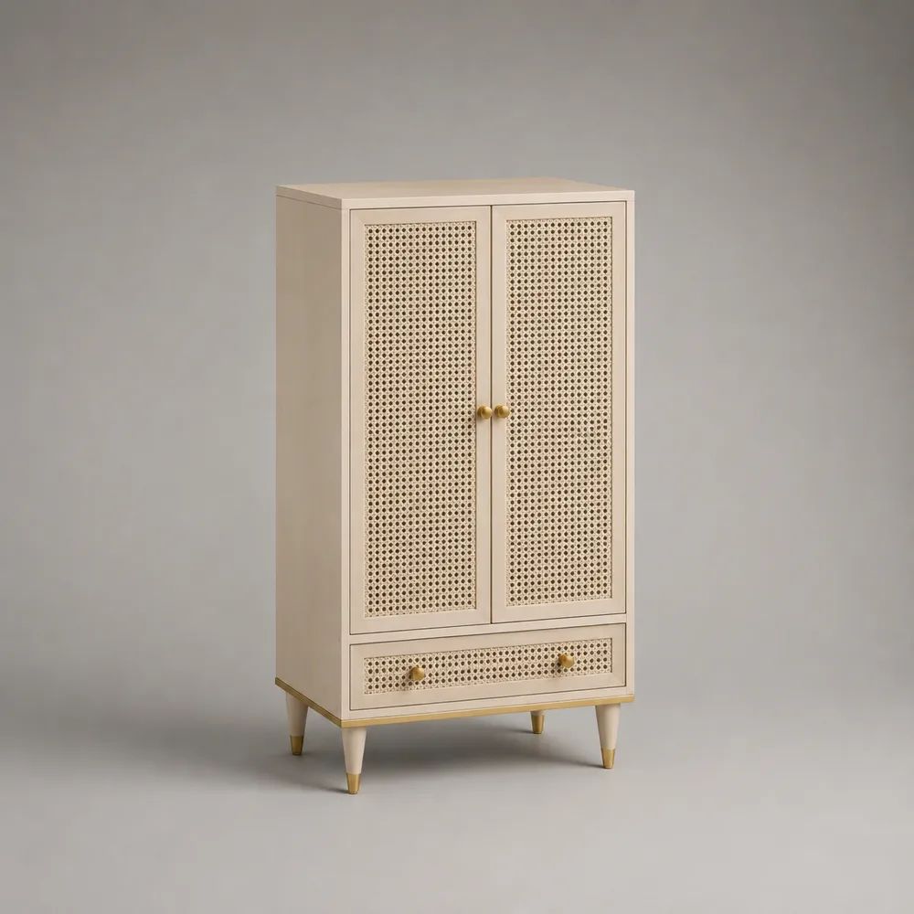 Highboard mit 2 Türen und Schublade aus MDF und Rattangeflecht, Beige/Messingfarben, 80 x 40 x 140 cm