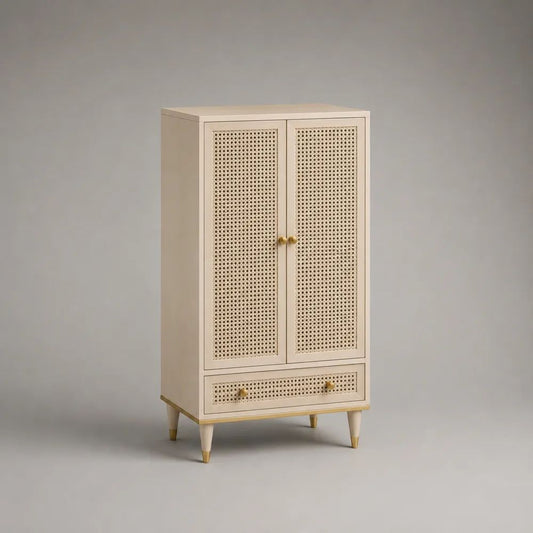 Highboard mit 2 Türen und Schublade aus MDF und Rattangeflecht, Beige/Messingfarben, 80 x 40 x 140 cm