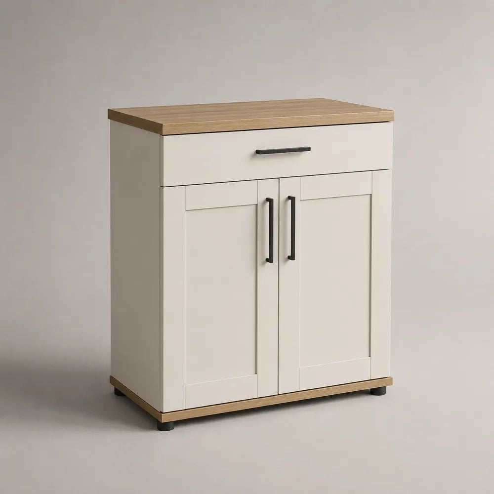 Schuhschrank mit 2 Türen und Schublade aus melaminbeschichteter Spanplatte, Weiß/Eichefarben, 80 × 35 × 100 cm