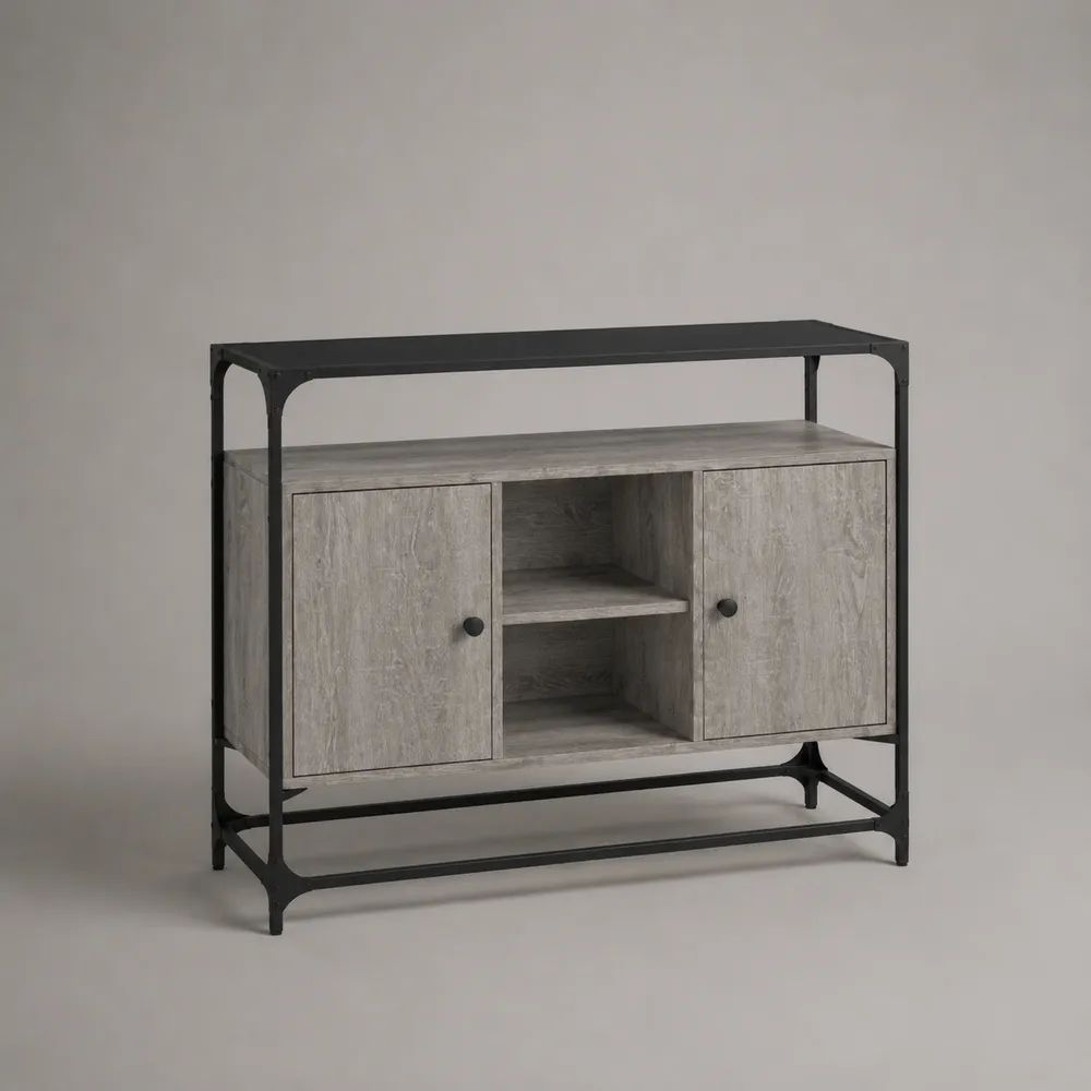 Sideboard mit Aufsatzregal aus Holz und Stahl, 2 Türen und 2 offene Fächer, Grau/Schwarz, 100 × 35 × 80 cm