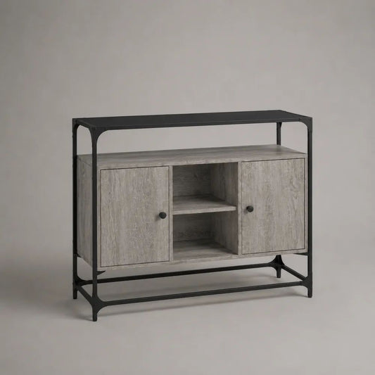 Sideboard mit Aufsatzregal aus Holz und Stahl, 2 Türen und 2 offene Fächer, Grau/Schwarz, 100 × 35 × 80 cm