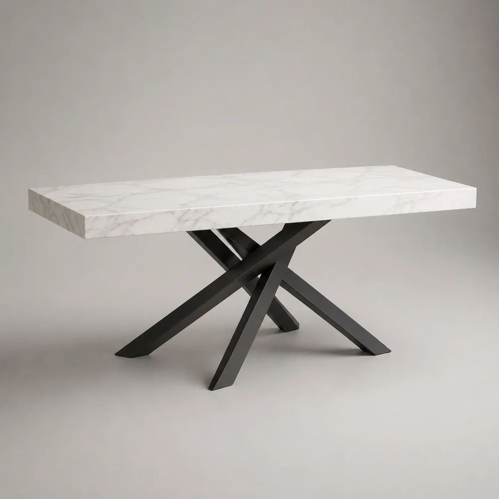 Rechteckiger Esstisch mit MDF-Tischplatte in Marmoroptik und Stahlgestell, Weiß/Grau/Schwarz, 140 × 80 × 75 cm