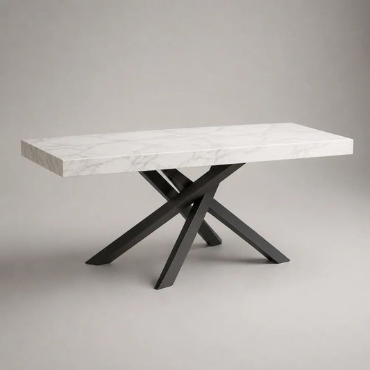 Rechteckiger Esstisch mit MDF-Tischplatte in Marmoroptik und Stahlgestell, Weiß/Grau/Schwarz, 140 × 80 × 75 cm