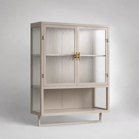 Küchenschrank mit 2 Glastüren und offenem Fach aus Stahl und Riffelglas, Beige, 100 × 40 × 160 cm