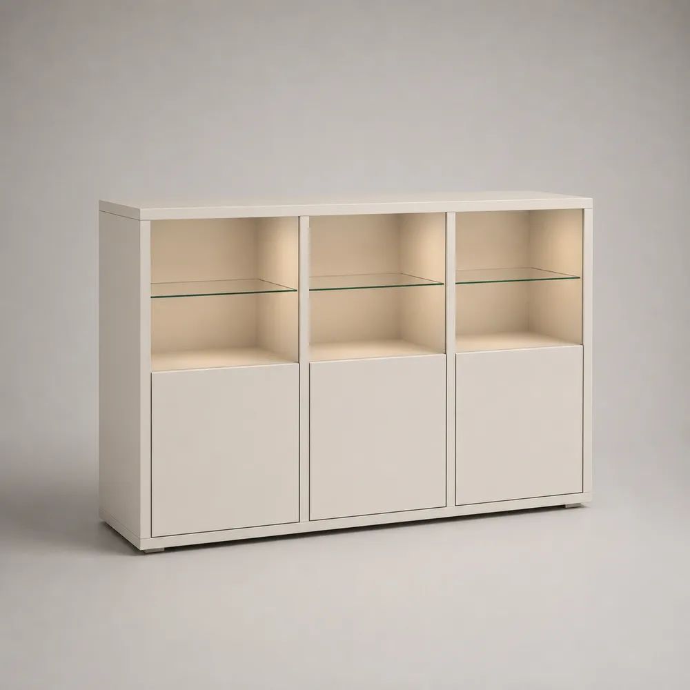 Sideboard mit 3 Türen und 3 Glasböden aus melaminbeschichteter Spanplatte, Weiß, 150 × 40 × 100 cm