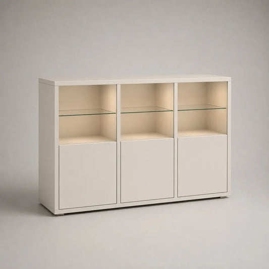 Sideboard mit 3 Türen und 3 Glasböden aus melaminbeschichteter Spanplatte, Weiß, 150 × 40 × 100 cm