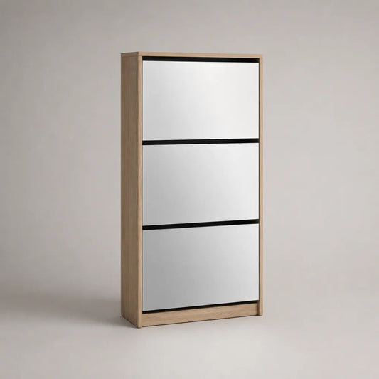 Schuhschrank mit 3 Klappen aus Spanplatte und Spiegelglas, Eichefarben/Silber/Schwarz, 63 × 24 × 150 cm