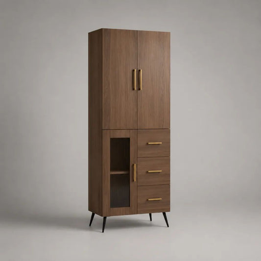 Highboard aus MDF und Holzwerkstoff mit 3 Türen, 3 Schubladen und Glaseinsatz, Walnussbraun, 80 × 40 × 180 cm