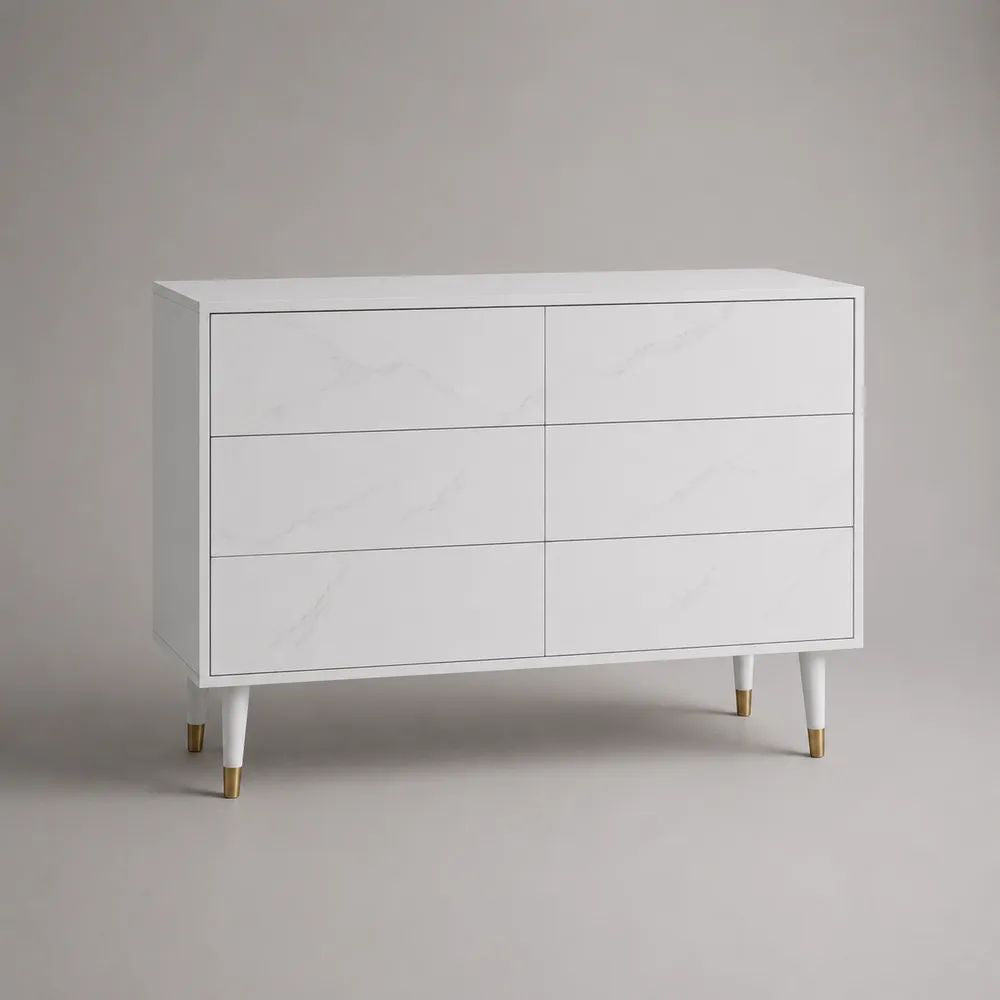 Sideboard-Kommode mit 6 Schubladen aus MDF und Spanplatte, Weiß in Marmoroptik/Gold, 120 × 40 × 80 cm
