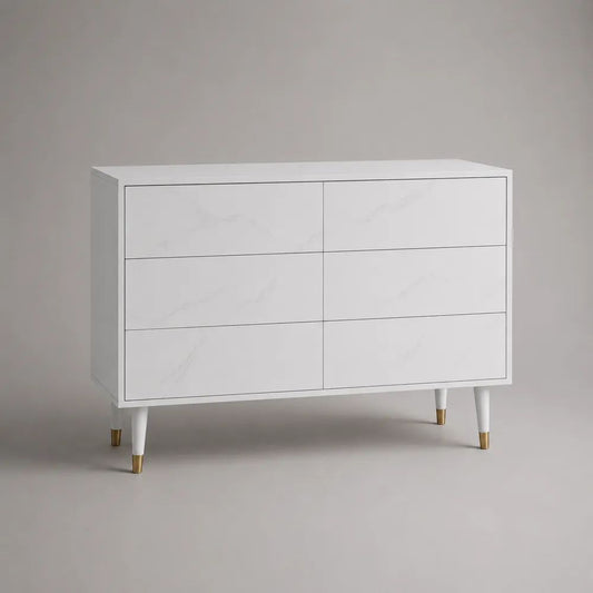 Sideboard-Kommode mit 6 Schubladen aus MDF und Spanplatte, Weiß in Marmoroptik/Gold, 120 × 40 × 80 cm