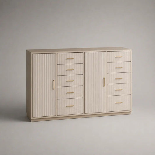 Sideboard aus MDF mit 10 Schubladen, 2 Türen und geriffelten Fronten, Beige/Goldfarben, 160 × 40 × 90 cm