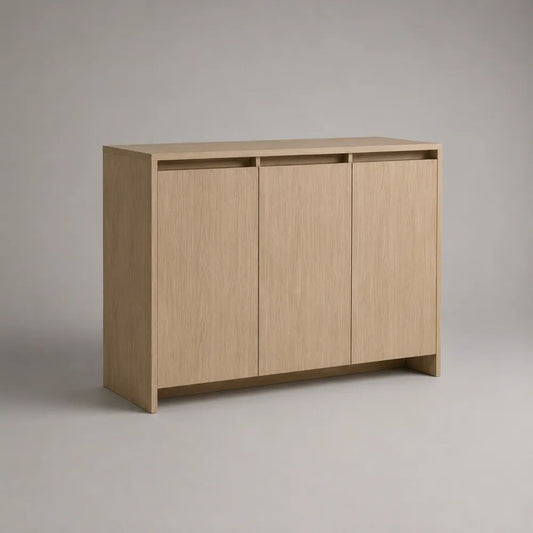 Griffloses Sideboard aus MDF und Spanplatte mit 3 Türen, Eiche hell, 120 × 40 × 85 cm