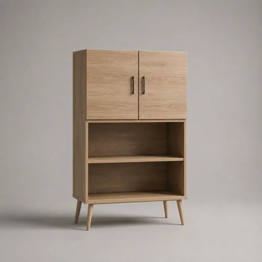 Highboard Sideboard aus Holz mit 2 Türen und 2 offenen Fächern, Eiche Natur/Schwarz, 90 × 40 × 145 cm