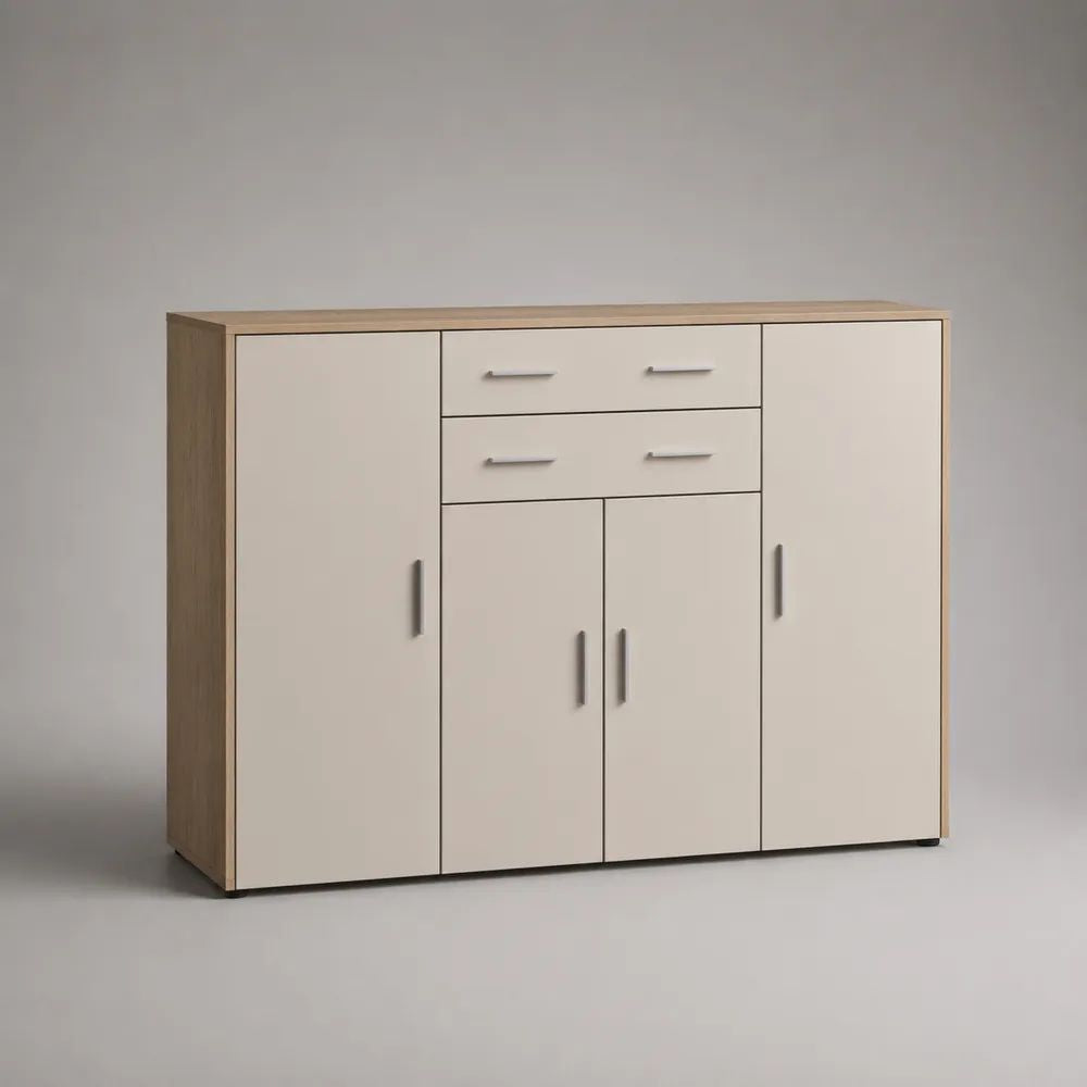 Sideboard mit 4 Türen und 2 Schubladen aus melaminbeschichteter Spanplatte, Weiß/Eichefarben, 120 × 35 × 100 cm