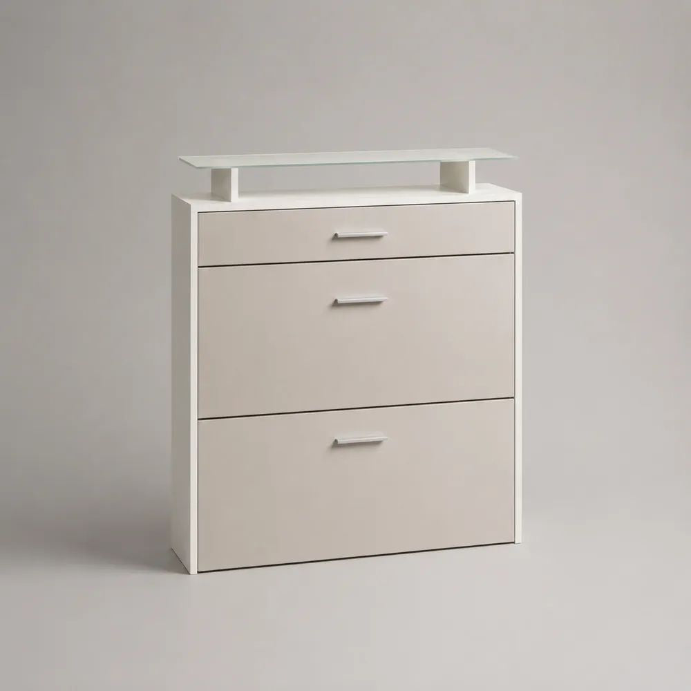 Schuhschrank aus Spanplatte mit Glasablage, 2 Klappen und 1 Schublade, Weiß, 80 × 24 × 100 cm