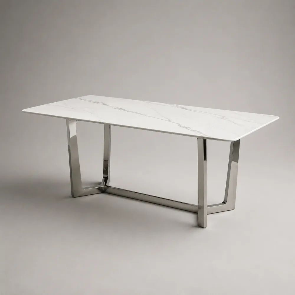 Rechteckiger Esstisch mit Keramikplatte in Marmoroptik und Edelstahlgestell, Weiß/Grau/Silber, 160 × 90 × 75 cm