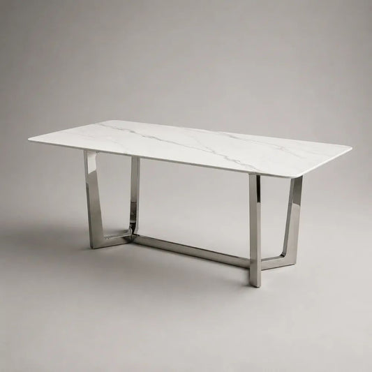 Rechteckiger Esstisch mit Keramikplatte in Marmoroptik und Edelstahlgestell, Weiß/Grau/Silber, 160 × 90 × 75 cm