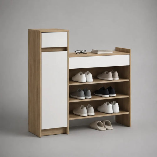 Schuhschrank mit Schublade, Seitenschrank und 3 Ablagen aus melaminharzbeschichteter Spanplatte, Eichefarben/Weiß, 120 × 30 × 120 cm